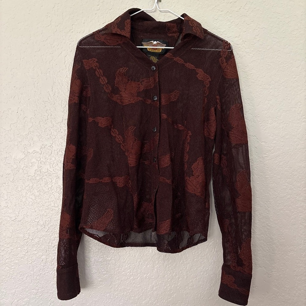VTG 90s Harley-Davidson copper sheer mesh button down with logo detail.